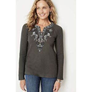 J. Jill | Green Waffle Knit Botanical Embroidery Top | Large